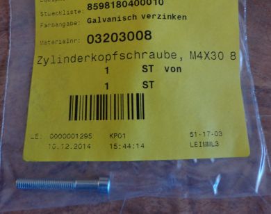 W & H WINDMOLLER & HOLSCHER CYLINDER HEAD SCREW 03203008 M4x30 NIB NOS